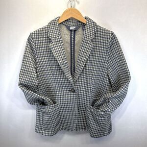 Lands’ End Women’s Houndstooth Knit Blazer Blue Green One Button Size M Petite